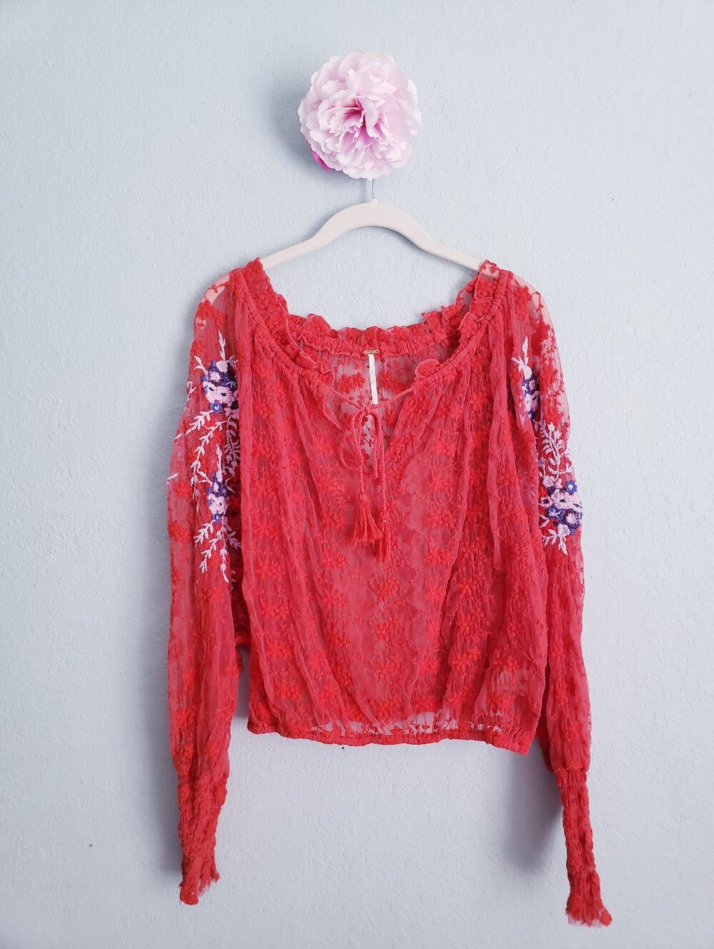Free People Jubilee Floral Embroidered Red Mesh Blouse